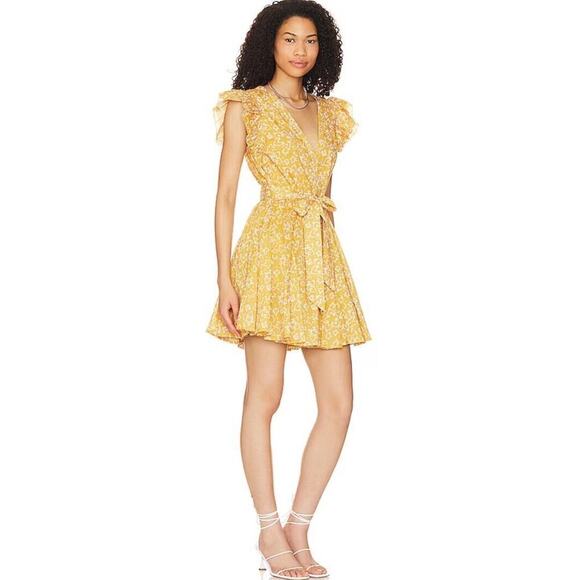 Evereve Cleobella Zia Mini Dress Small Printed Yellow Flutter Sleeve V Neck - Picture 15 of 16
